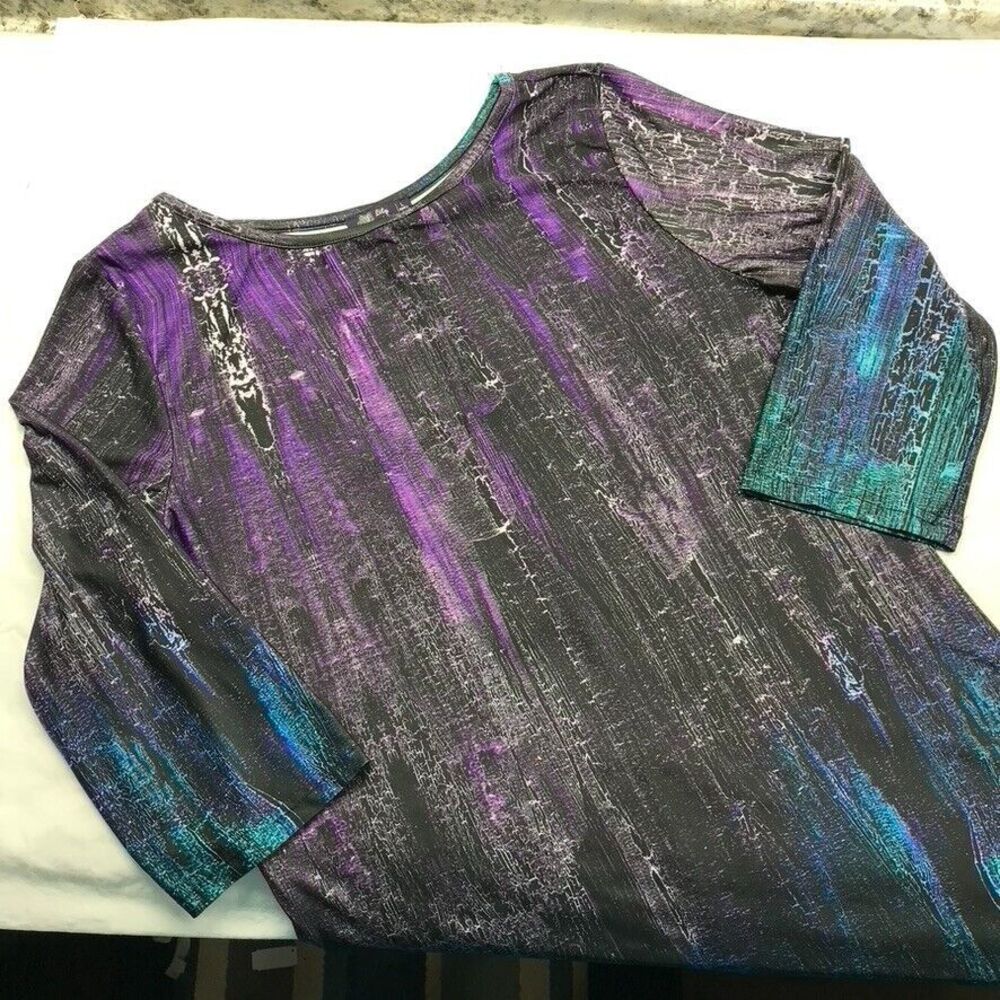 Lily by Firmiana Womens Size Large Black Purple Blue Green 3/4 Sleeve Tunic Top